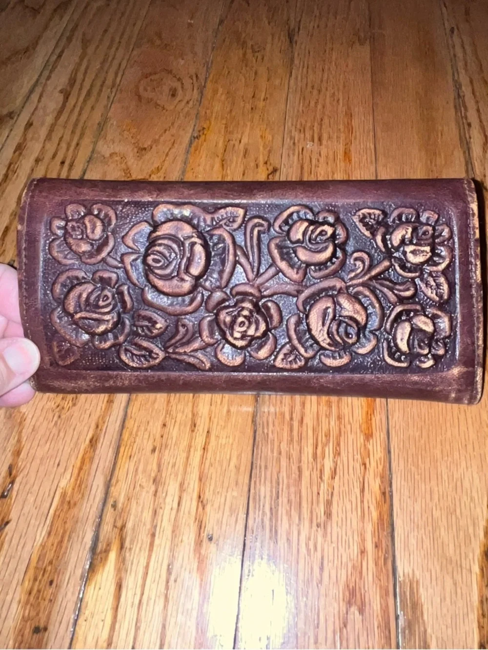 Hand Embossed Genuine Leather Trifold Women’s Wallet Floral Boho/ Western